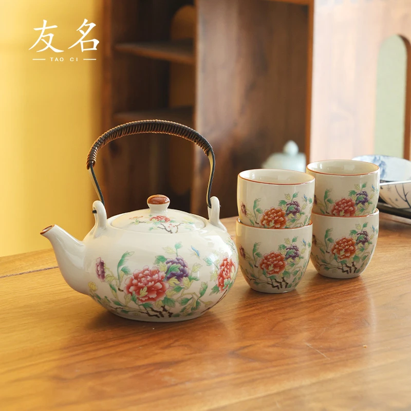 秋香茶具 复古陶泥草木灰富贵牡丹提梁壶一壶四杯小套装-4276