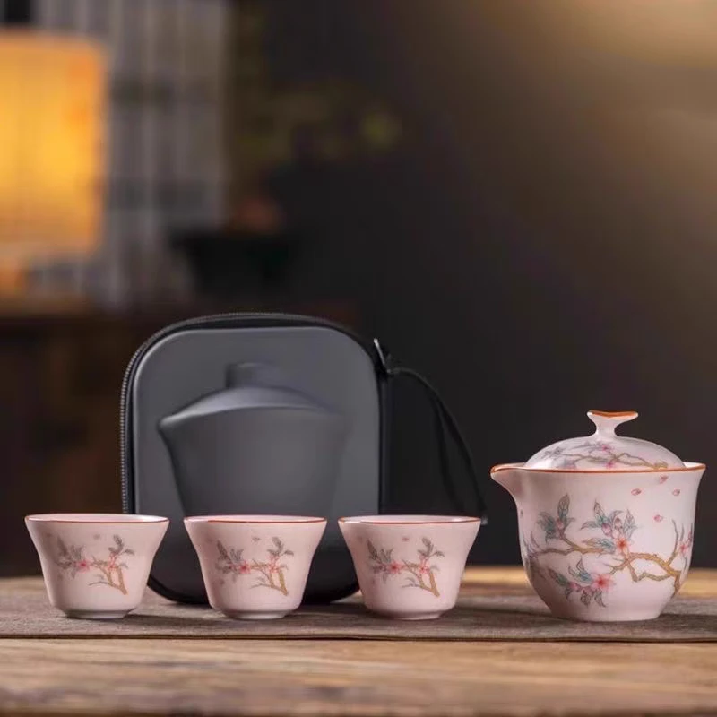 粉汝桃花快客壶三杯旅行茶具-4642（直播专享）