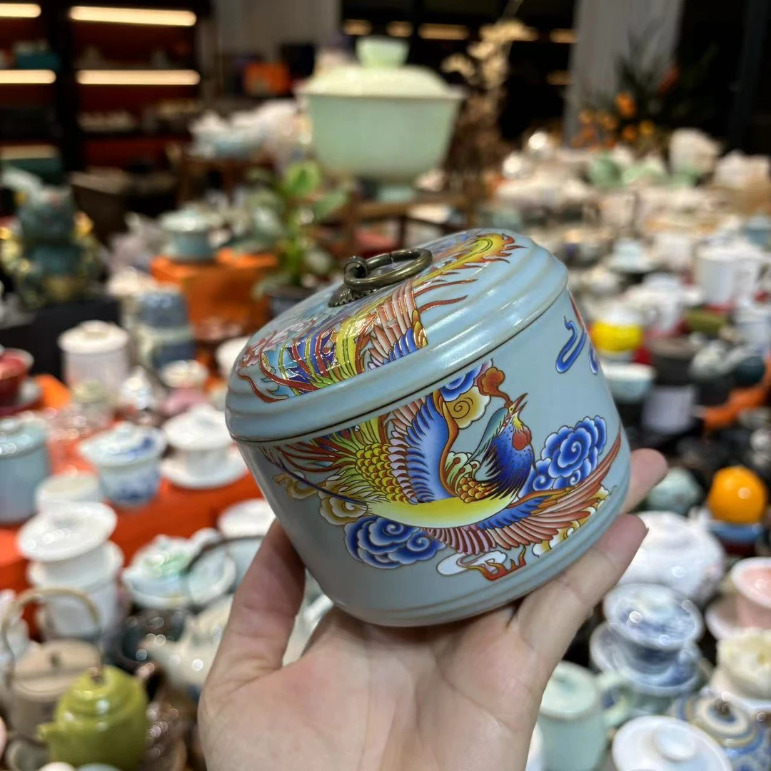 天青凤舞九州陶瓷茶叶罐螺蚊罐凤凰小圆罐-4186