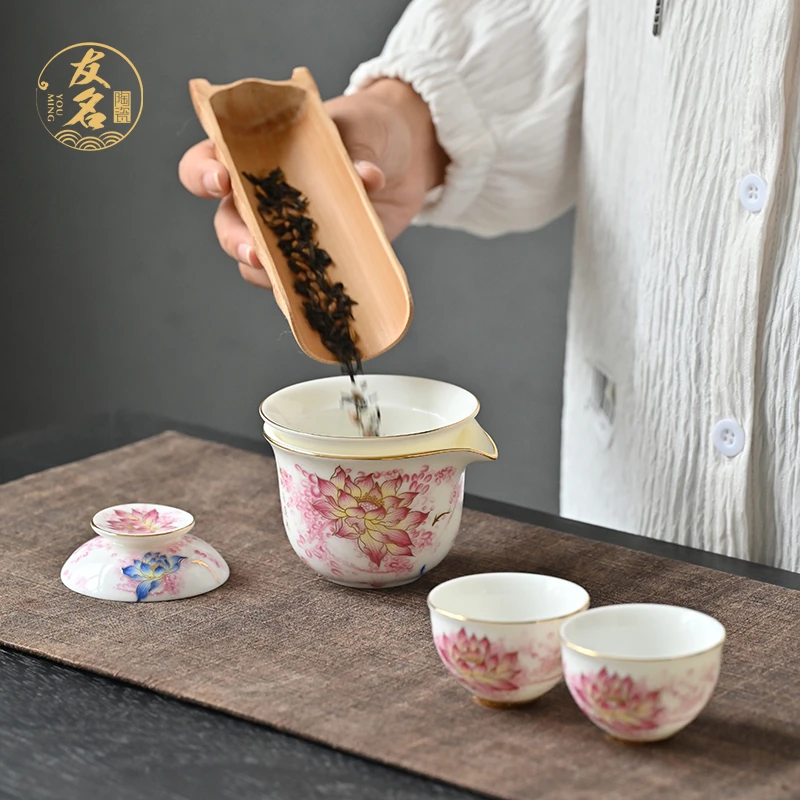 友名陶瓷 德化窑秀色荷香快客杯一壶两杯户外便捷旅行茶具-@@2581
