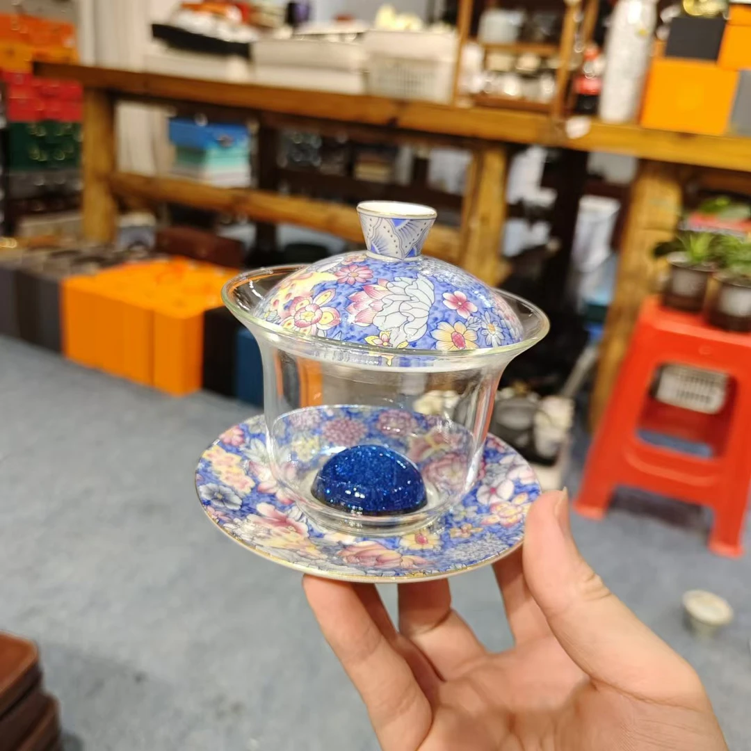 友名陶瓷 透明高硼硅玻璃万花星空三才盖碗家用轻奢泡茶盖碗-4549