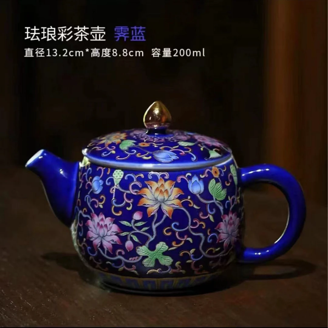 秋香茶具  珐琅彩缠枝莲霁蓝色茶壶家用大容量泡茶壶-4405