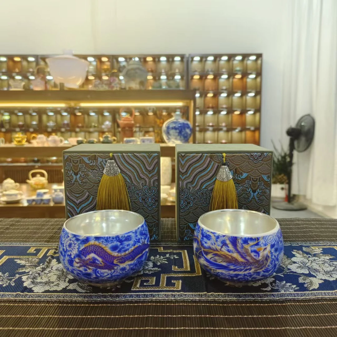 友名 青花瓷胎包银龙凤对杯茶杯主人杯品茗杯（两个装）-2059