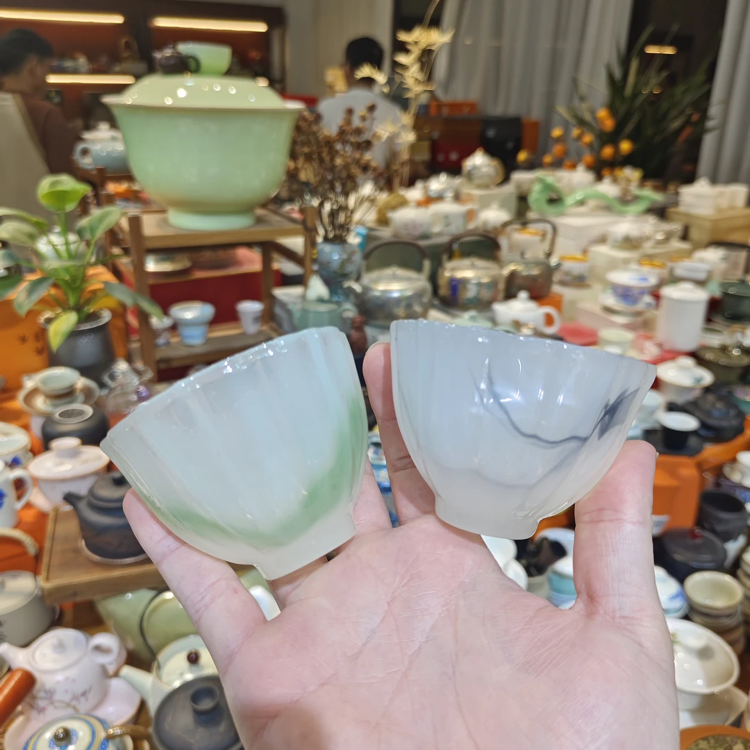 友名陶瓷   飘绿琉璃葵口花瓣主人杯茶杯品茗杯-1866
