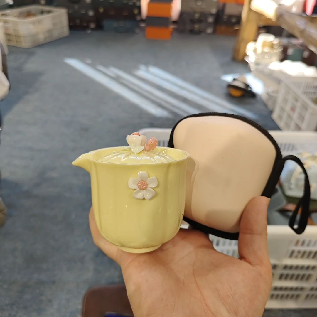 友名 羊脂玉瓷粉捏花旅行茶具-4704