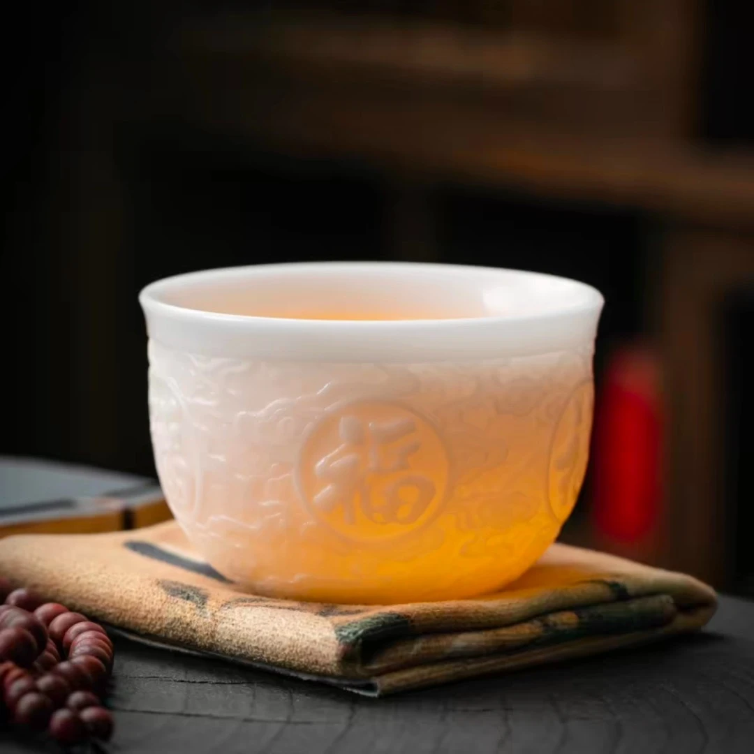 秋香茶具  素烧羊脂玉瓷大号百福主人杯茶杯品茗杯-3851