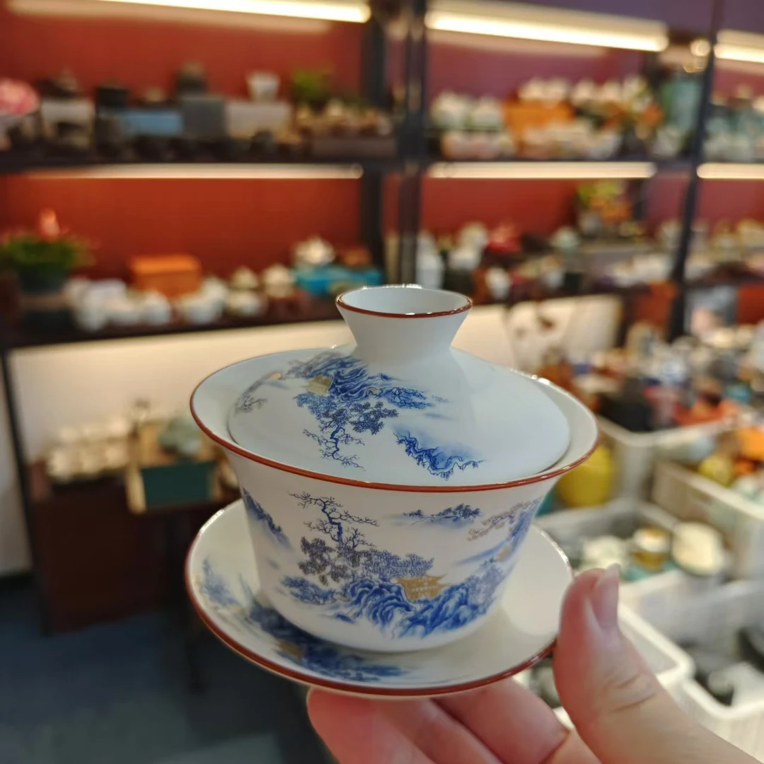 友名陶瓷  定窑白兰彩山水三才盖碗家用简约泡茶盖碗-5923