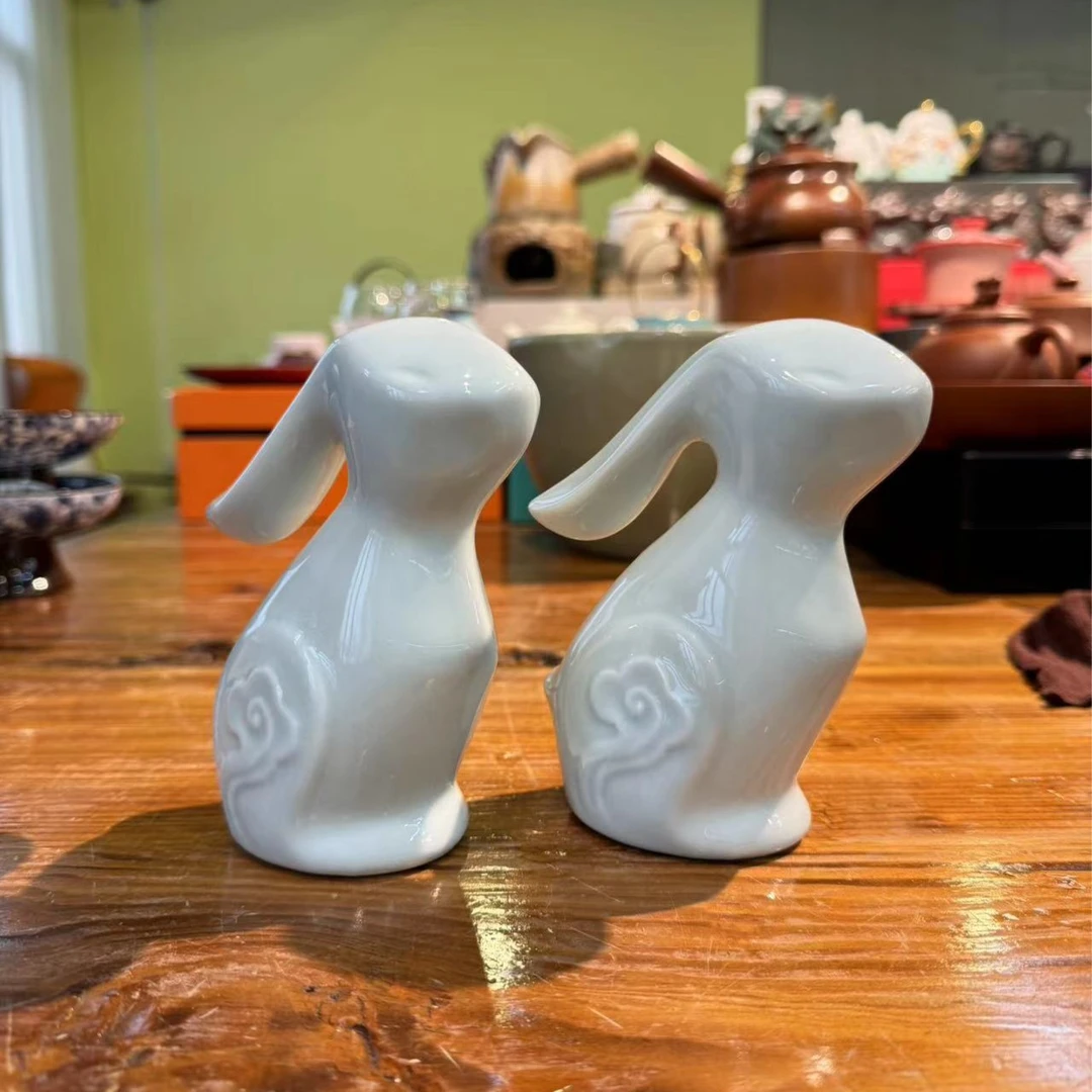 友名陶瓷   陶瓷兔子茶宠桌面摆件（两个装）-4013