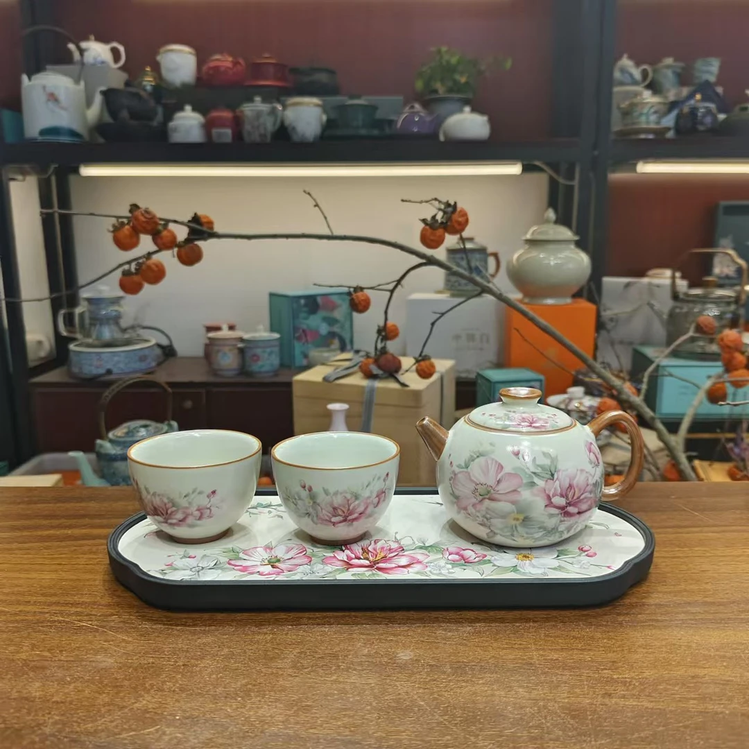 友名 米黄汝窑玉兰花西施壶一壶两杯小套装家用功夫茶具套-4898号