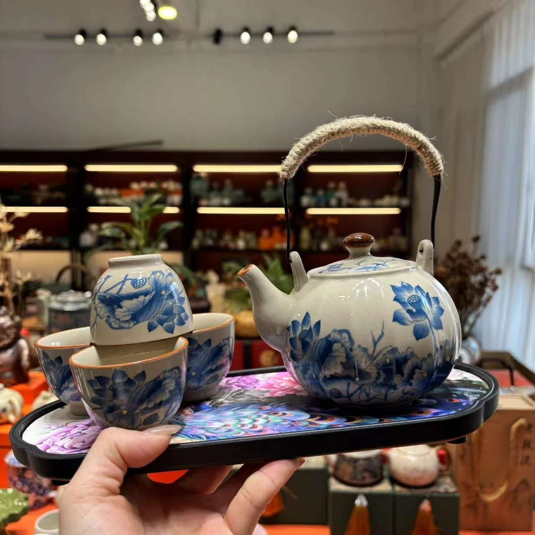 友名陶瓷 复古陶瓷青莲荷韵小南瓜提梁壶一壶四杯小套装功夫茶具