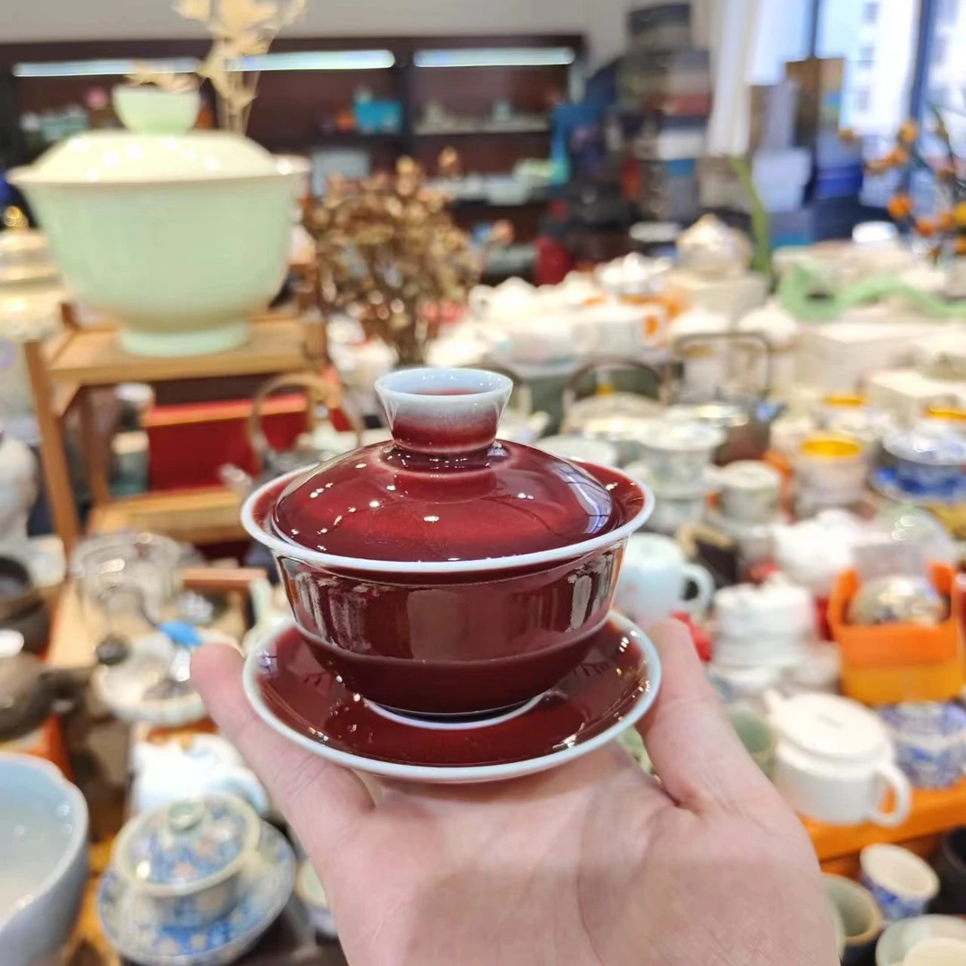 友名陶瓷 红色陶瓷元宝盖碗(无礼盒)家用大容量泡茶盖碗-1144