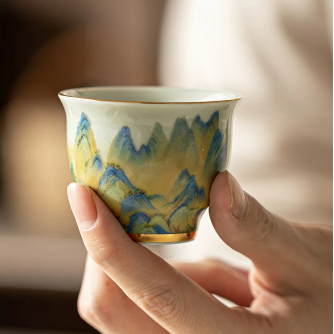 秋香茶具 成艺千里江山陶瓷品茗杯个人高档泡茶主人杯4373-2408