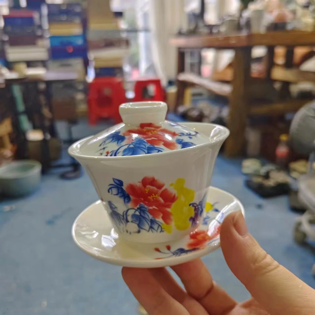 秋香茶具  羊脂玉瓷富贵牡丹悬停盖碗家用泡茶三才盖碗-4448