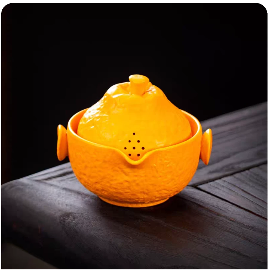 友名陶瓷   橘子功夫手抓一壶三杯旅行茶具户外便携式快客杯-3312