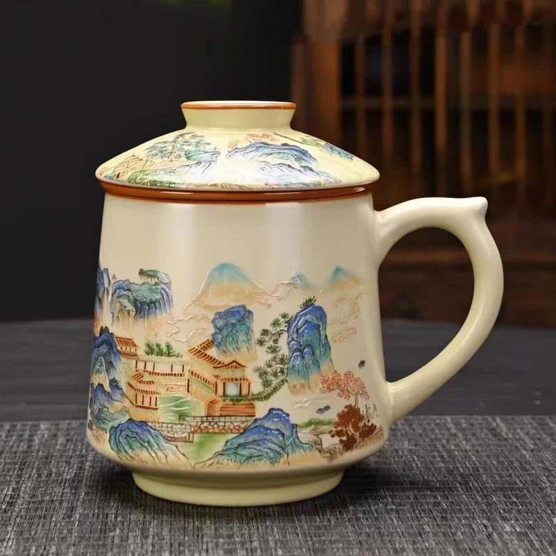 友名  汝窑千里江山办公杯带盖茶水分离家用泡茶陶瓷杯-4754