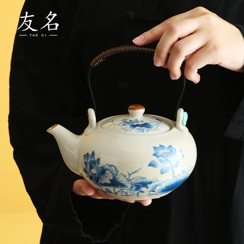 秋香茶具 复古陶泥草木灰青莲荷韵提梁壶-4280