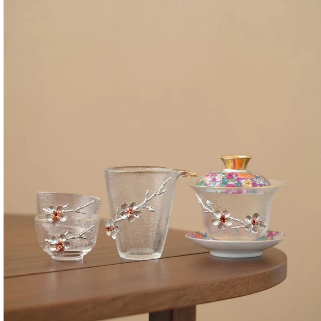 友名陶瓷  高硼硅玻璃锤纹珐琅彩万花描金玻璃盖碗泡茶盖碗-4227