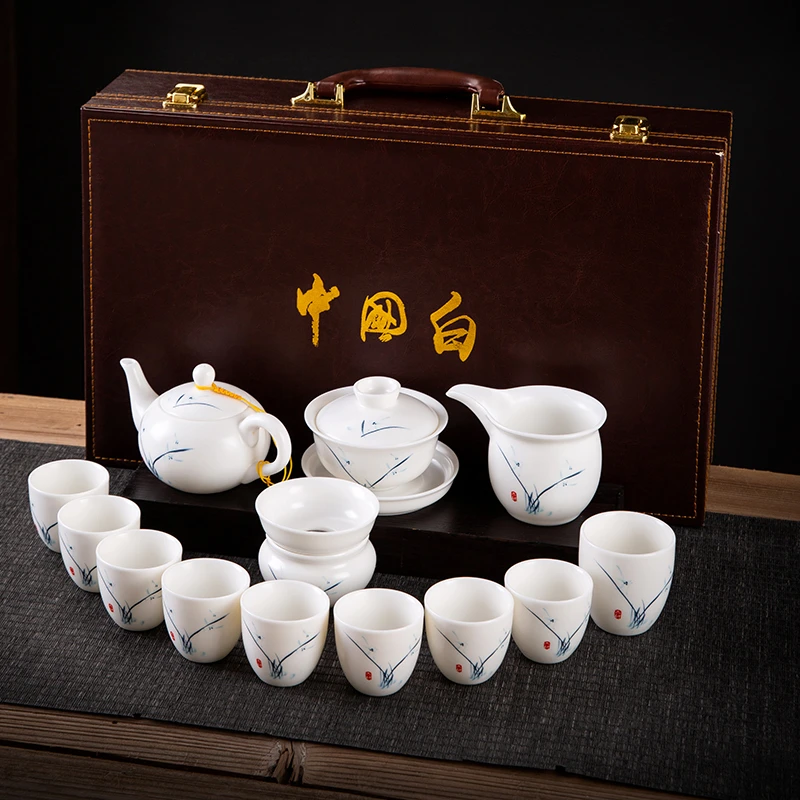 友名陶瓷 猪油白玉兰花套装（礼盒装）家用送礼茶具套组-254