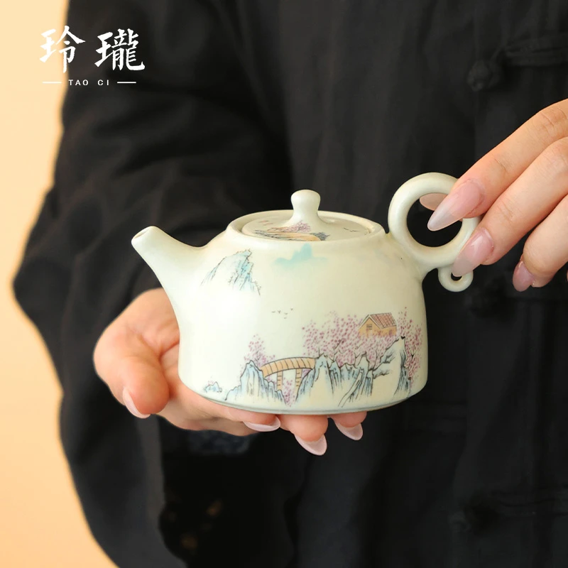 秋香茶具 米黄汝窑五彩山水德钟壶一壶四杯小套组开片可养-1215