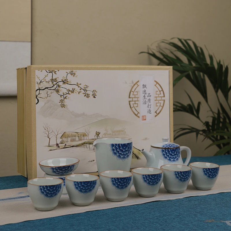 友名陶瓷 团花猪油冻芙蓉花开壶套组送礼茶具套装-@@47