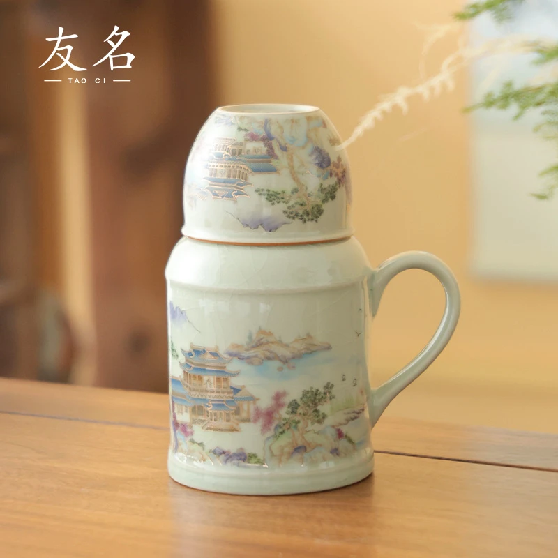 友名陶瓷 复古汝窑陶瓷江山阁楼小暖壶创意大容量焖茶壶-4012