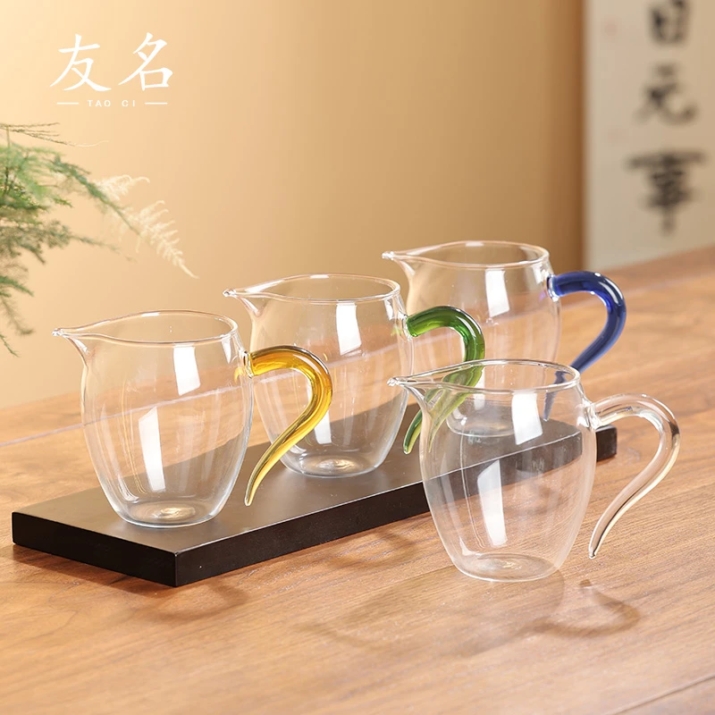 友名陶瓷 玲珑玻璃公道杯（白/绿/蓝）家用耐热茶水分离杯2872