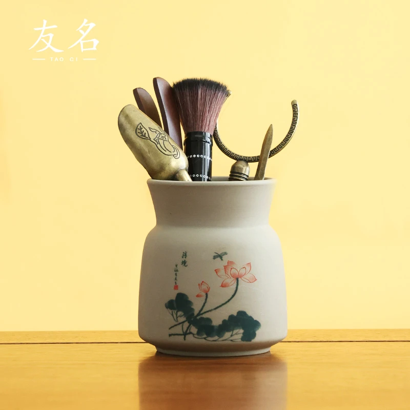 秋香茶具  复古陶瓷粗陶鱼戏荷欢茶道桶桌面茶具配件-4253-2400