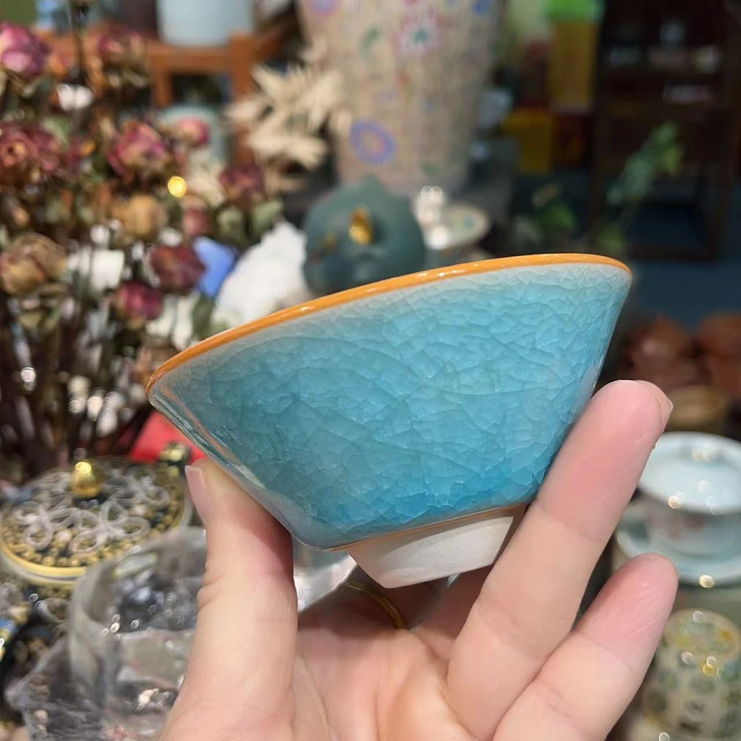 秋香茶具 冰花蓝色斗笠杯开片可养茶杯品茗杯-4338