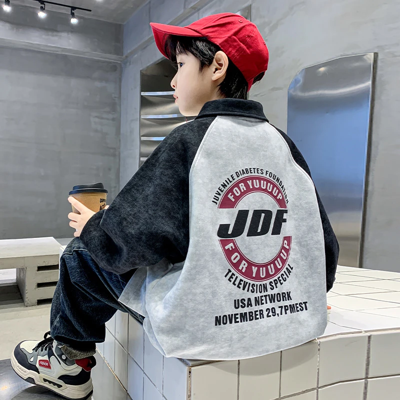 男大童春秋潮牌撞色polo衫宽松卫衣2025新款儿童男孩秋装酷帅上衣