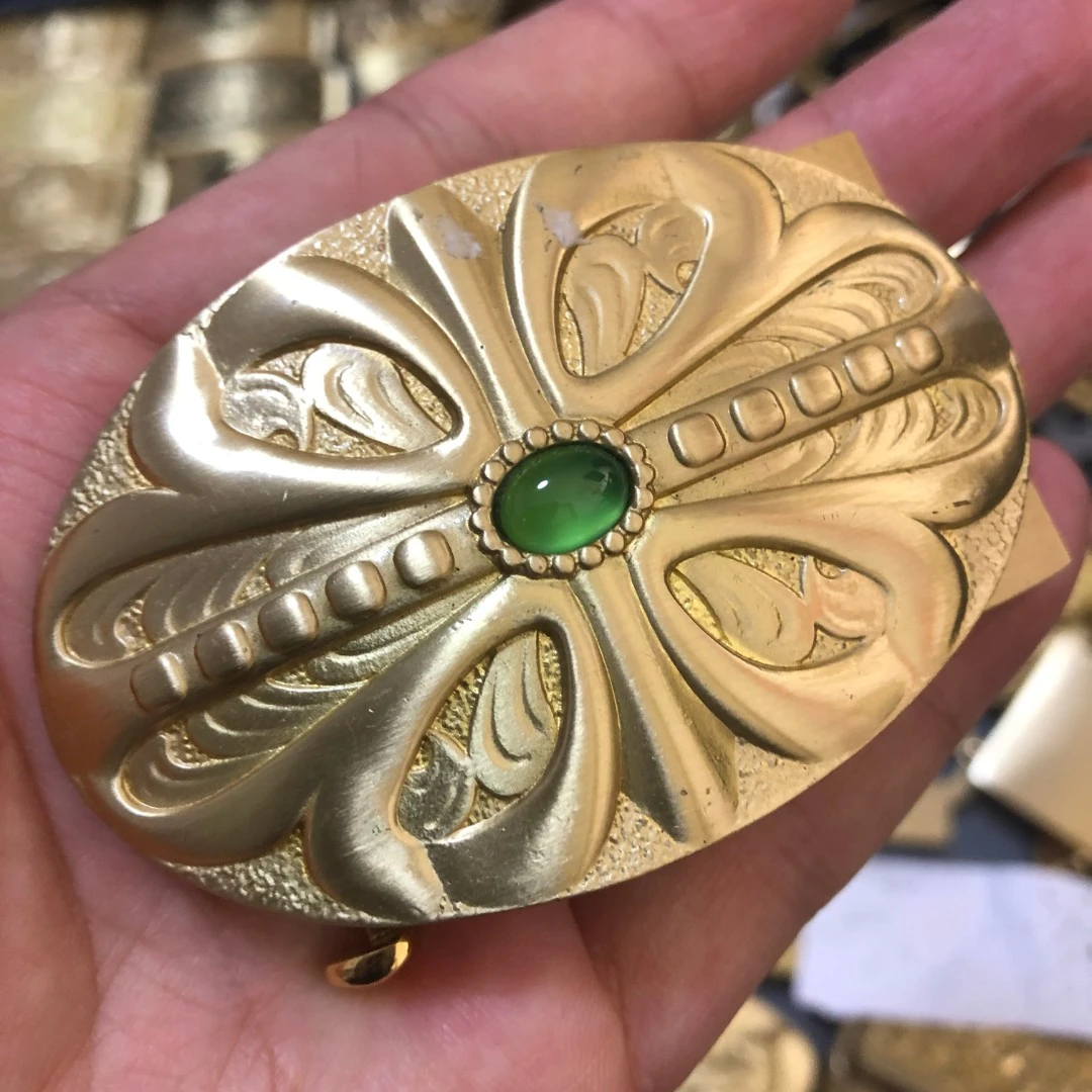 克罗玉黄铜自动皮带扣头适用有牙轨3.5腰带古风百搭老式祥云镶嵌