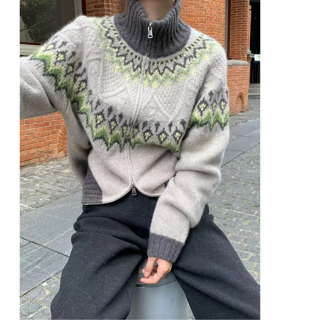 运费补贴~费尔岛北欧风拉链打底立领毛衣针织衫开衫显瘦外套