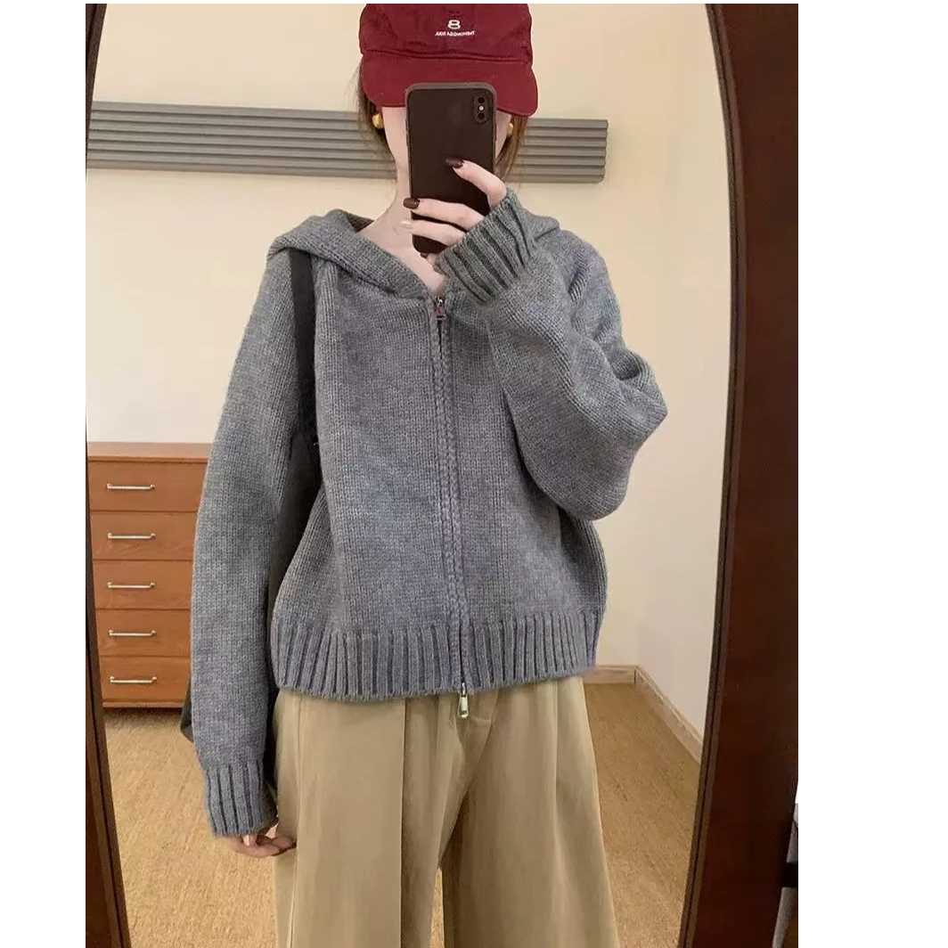 【运费补贴】纯色连帽套头毛衣宽松外穿长袖气质洋气针织衫