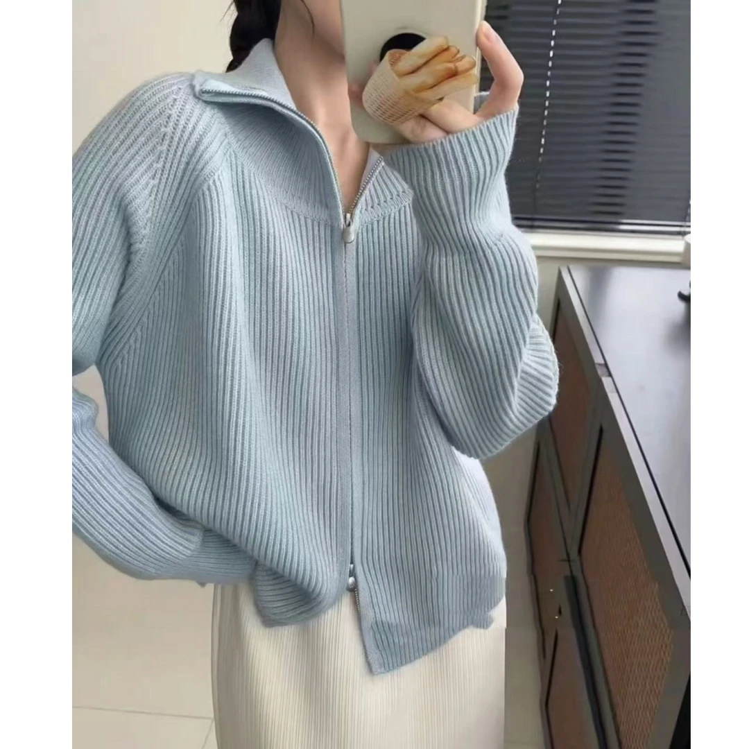 【运费补贴】天空蓝拉链立领毛衣针织衫开衫洋气显瘦外套