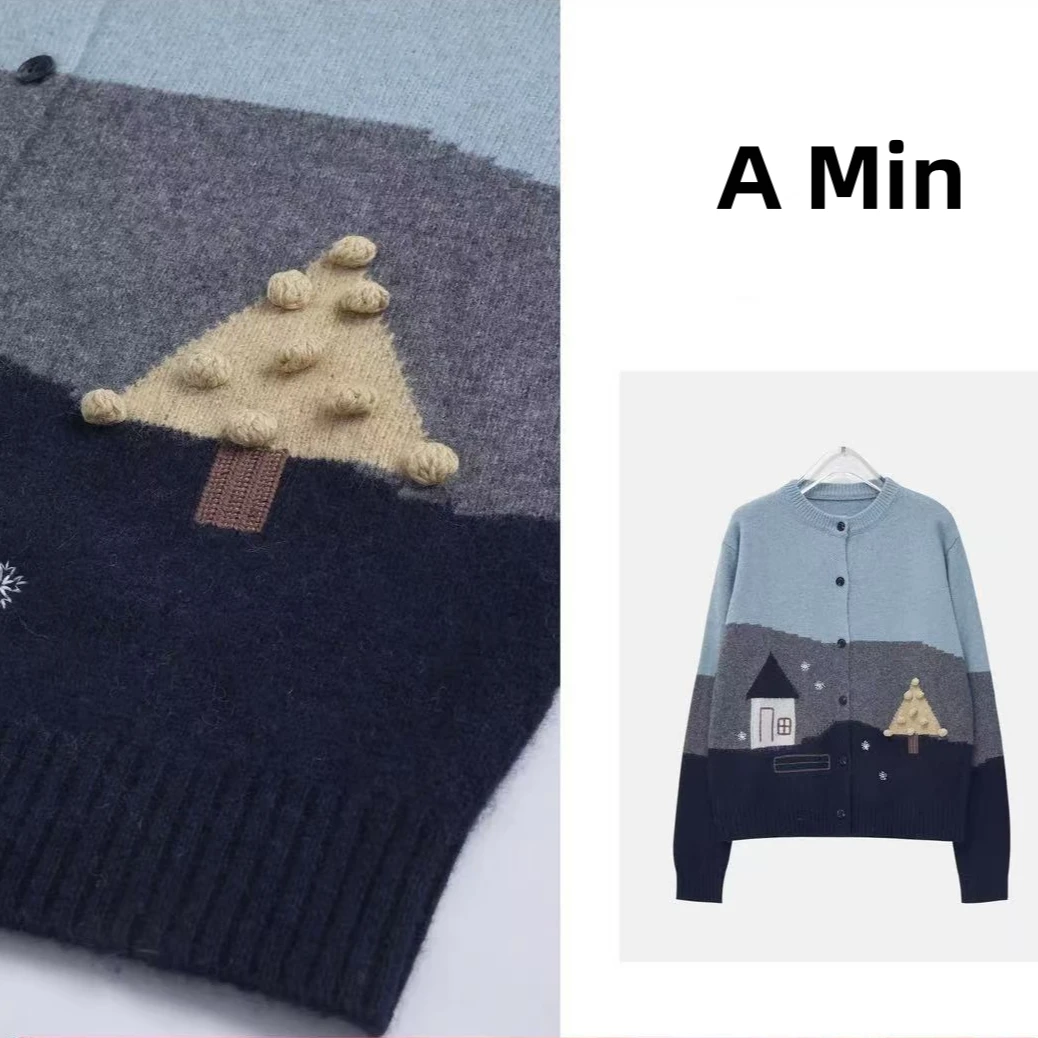 童趣刺绣蓝色毛衣开衫女宽松百搭圆领针织衫外套气质上衣