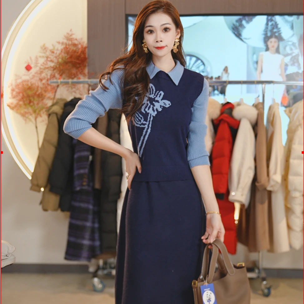 韩版马甲两件套装连衣裙2024秋冬新款气质外穿毛衣裙