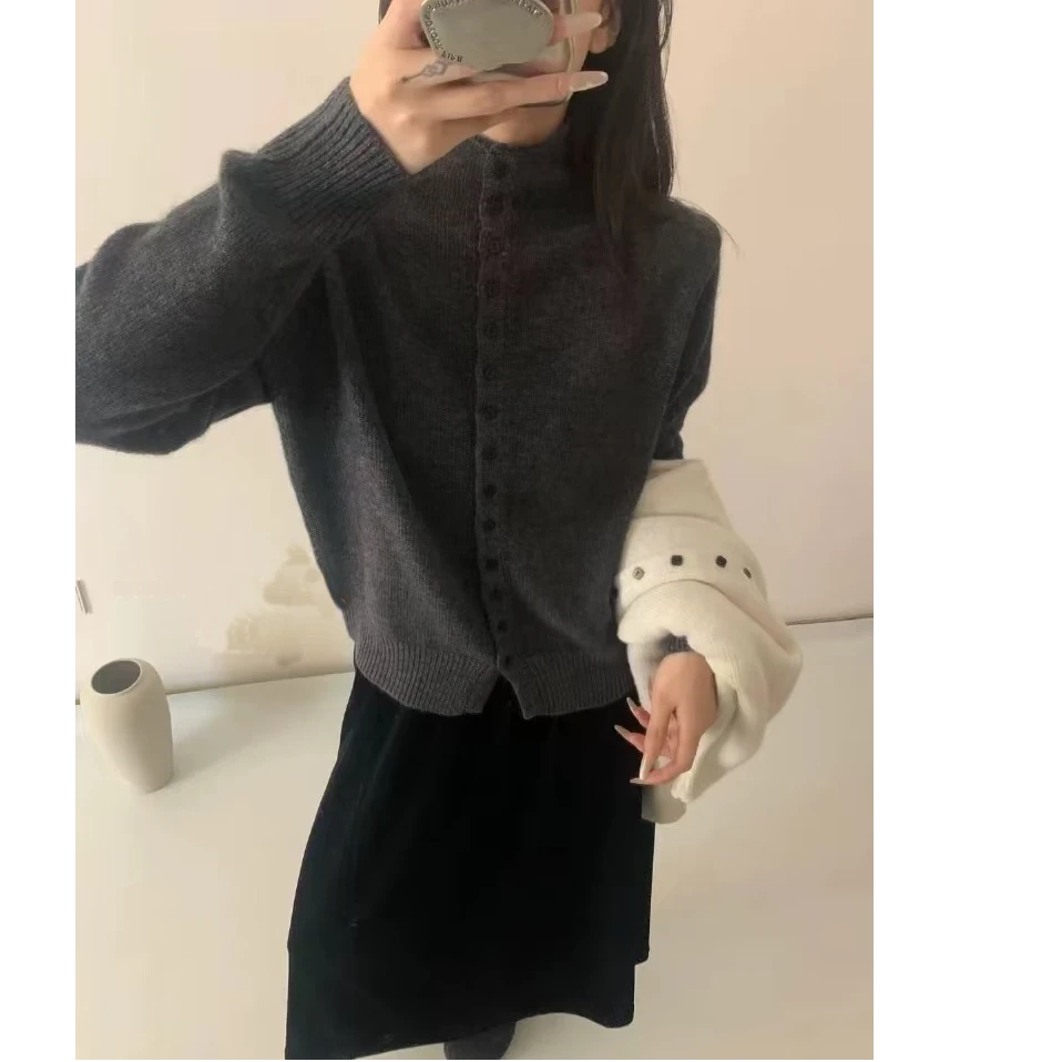 碳灰色~立领长袖针织开衫秋冬单排扣设计感针织衫