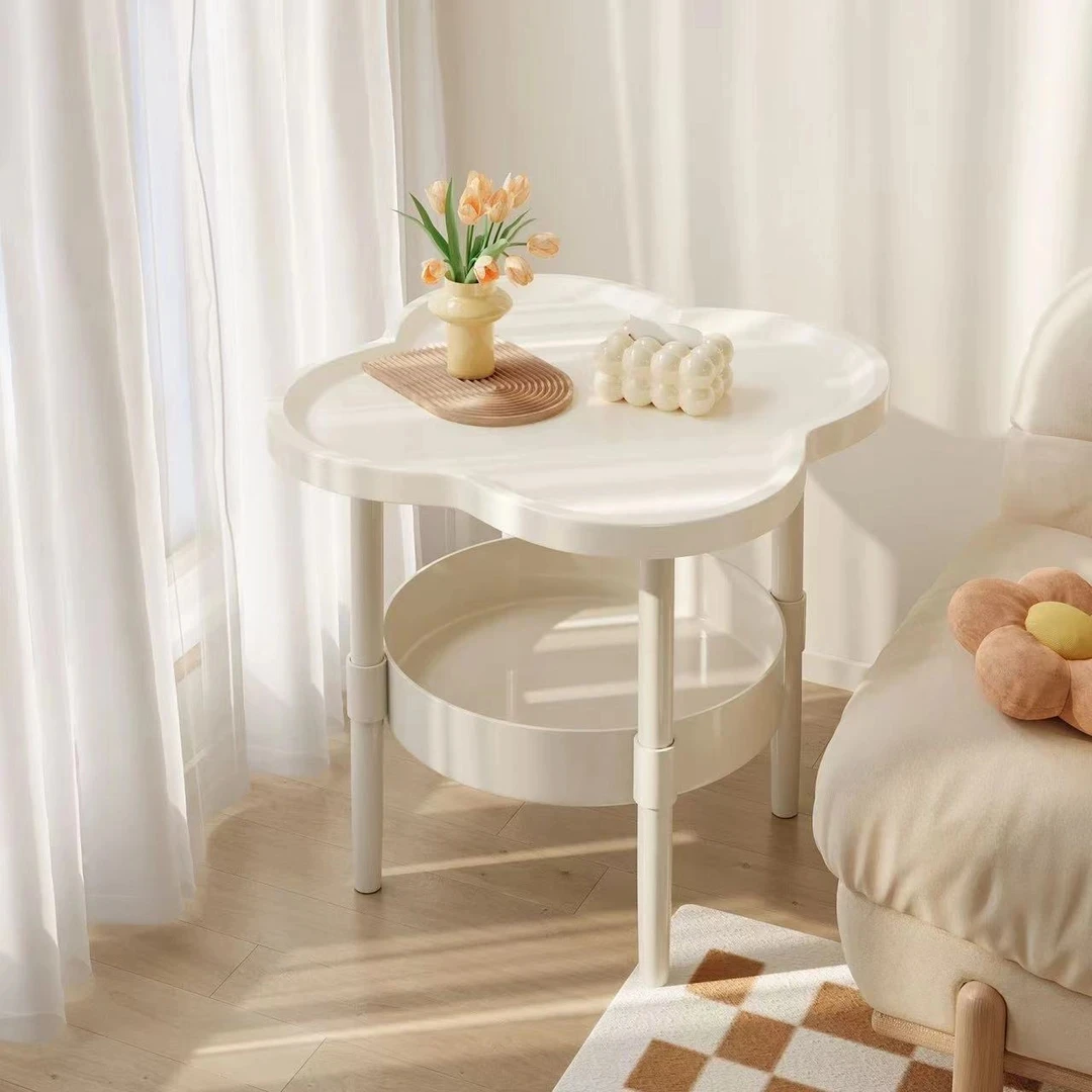 创意边几四叶草茶几简约双层圆形桌客厅移动置物架奶油风沙发边柜