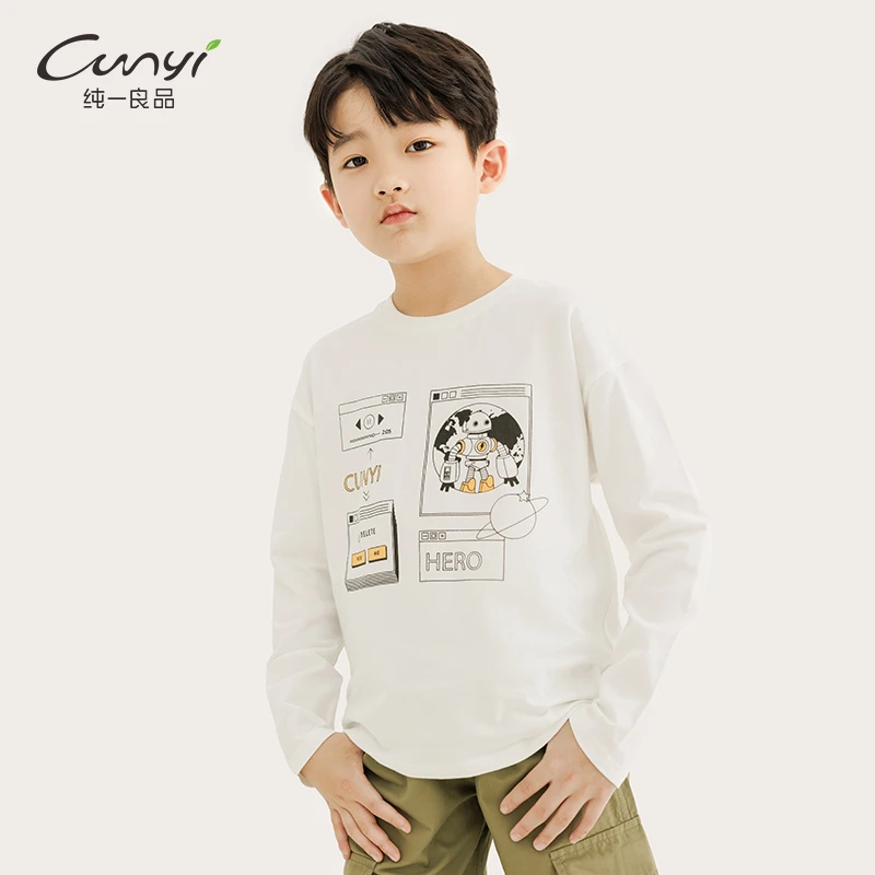 纯一良品童装儿童长袖T恤2024春秋新中大童圆领印花休闲套头上衣