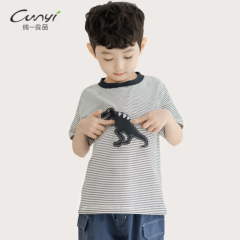 纯一良品童装儿童短袖T恤夏装新品中小童可爱恐龙贴布绣条纹上衣