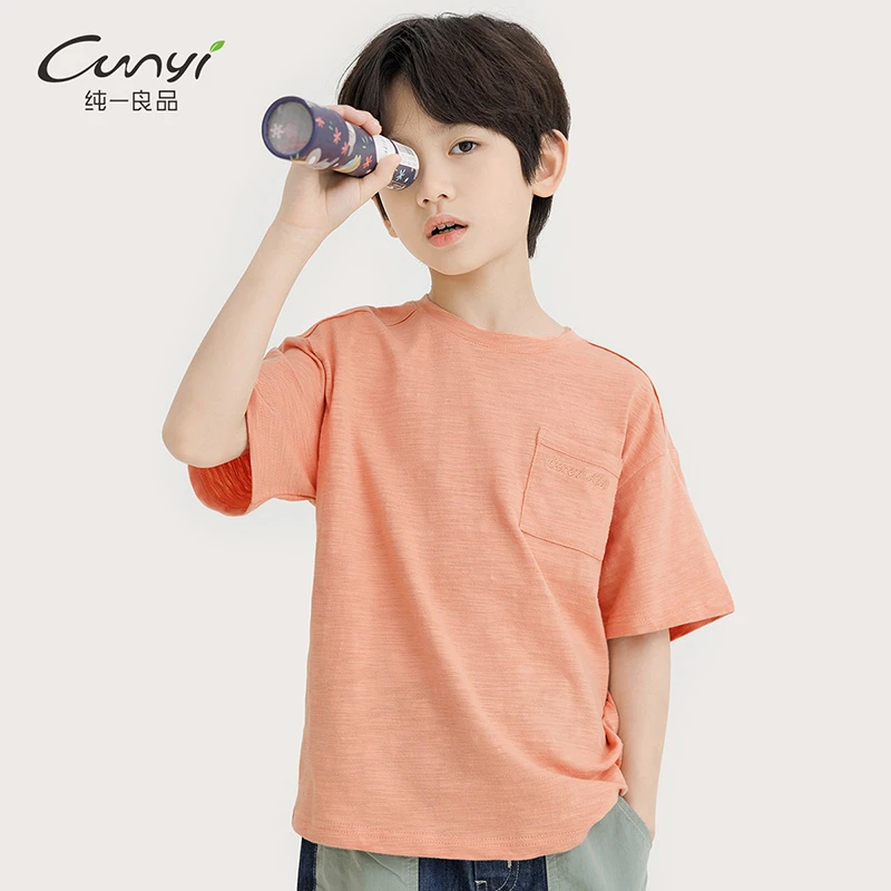 纯一良品童装男童短袖T恤夏装新品中大童口袋字母绣花上衣