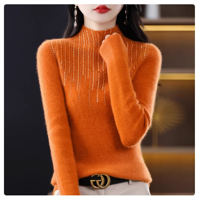 一线撤柜！镶钻女士半高领小坑条 毛衣针织衫  商场666！