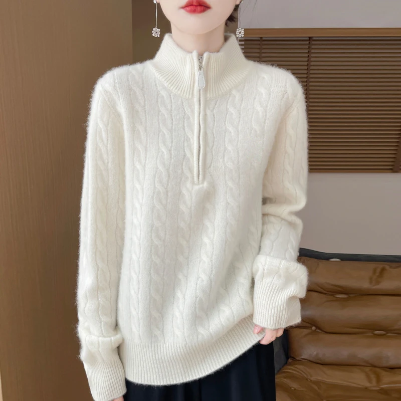 大美336立领马    麻花重工加厚女士半高领半拉链套头衫毛衣针织