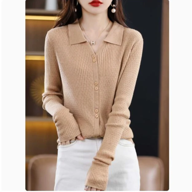 棋盘格开衫女士毛衣薄款POLO领针织开衫 抽条精纺内搭外穿毛衣