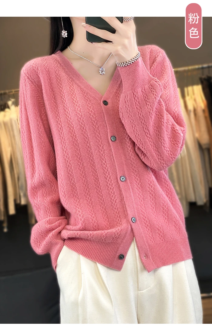 XF2304-线下789！V领绞花灯笼袖开衫重工女士开衫春装新款