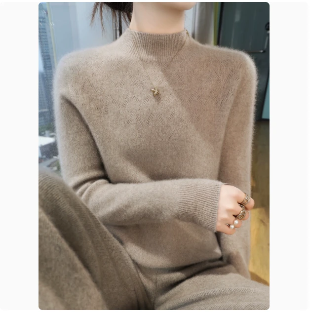 XF2305-半V镂空，线下688！女士半高领镂空毛衣套头衫针织衫