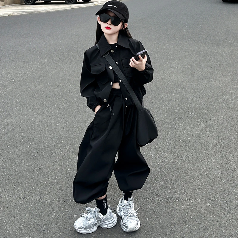 女童时髦套装2024秋季新款中大童洋气潮童装外套上衣工装裤两件套