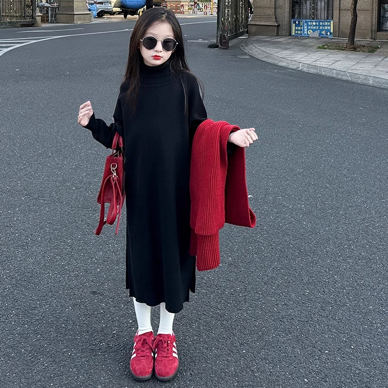 女童纯色毛衣裙子2024秋冬儿童内搭针织连衣裙洋气长款大童打底裙