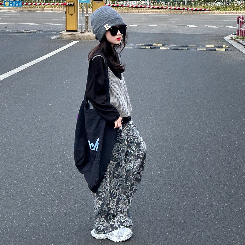 女童春秋套装休闲洋气马甲T恤两件套2025新款宽松运动长裤子外穿