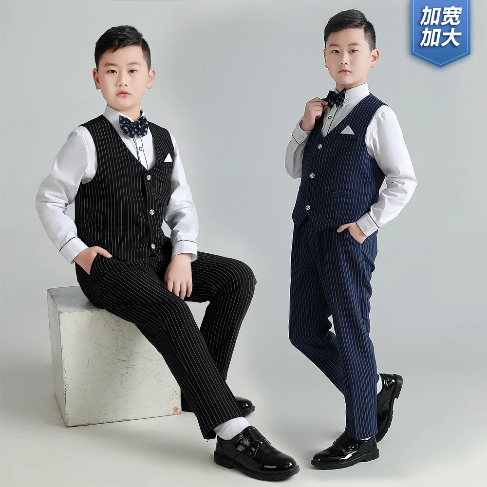 胖童礼服西装男孩条纹马甲套装男童加大加肥六一钢琴主持人演出服