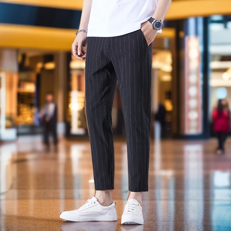 闹哥夏季新款九分男士条纹休闲裤宽松百搭潮流韩版夏季直筒小脚裤